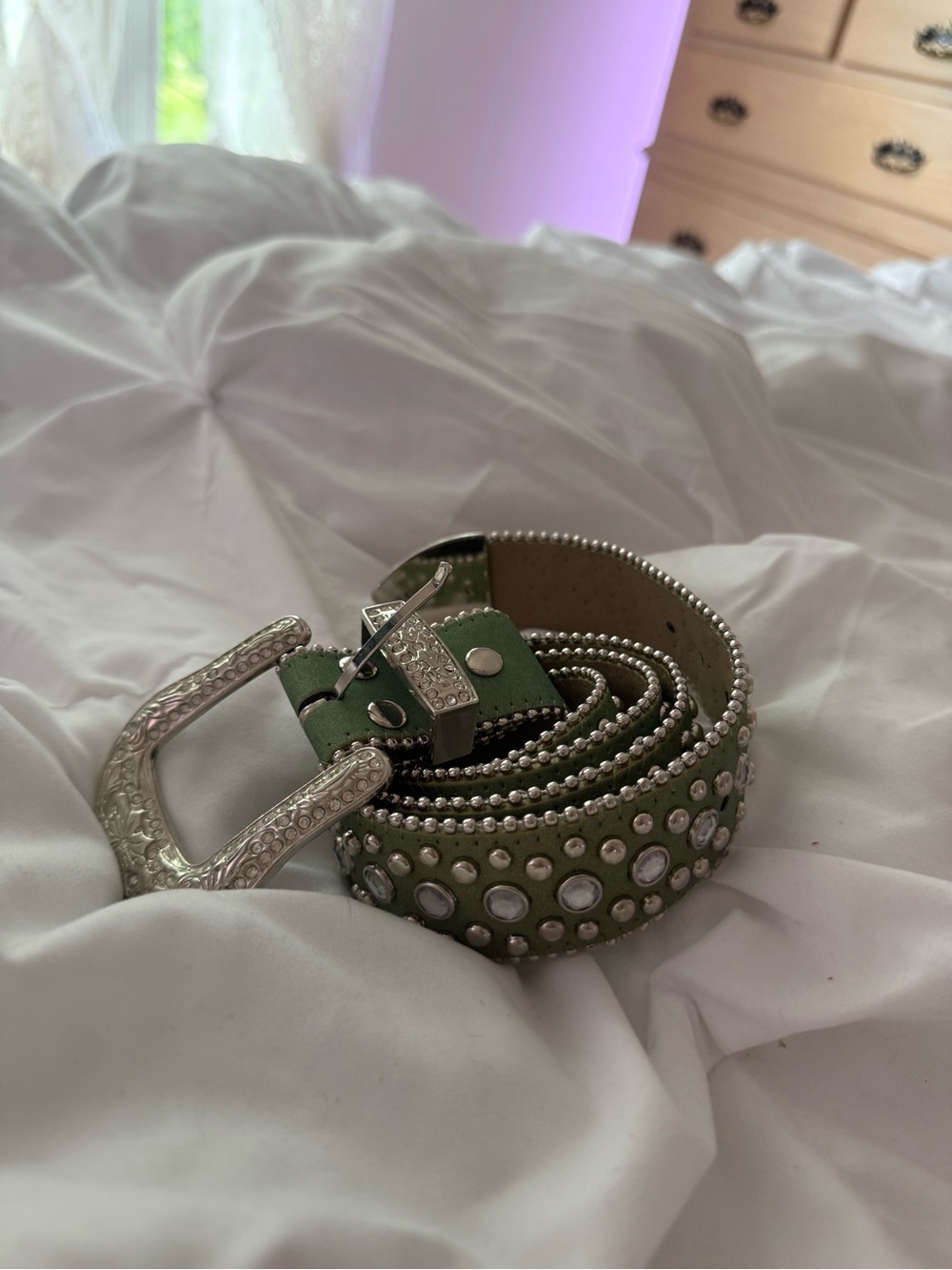 Studded Green Women's Belt with Decorative Silver Buckle